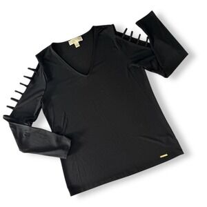 Michael Kors Black V-Neck Ladder-Cutout Sleeve Top Long Sleeve Women's Large EUC